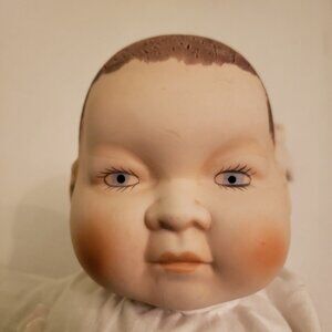 Vtg Bisque Porcelain Creepy‎ Baby Doll 13" Unisex Cloth Body